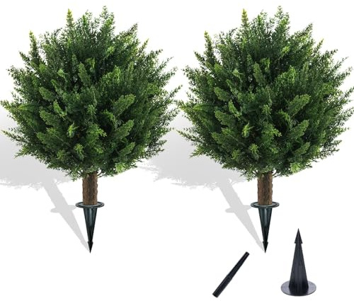 Chillchard 2 Pack UV Resistant Fake Bushes - Artificial Shrubs for Outdoors | Ultra Realistic & Lush Faux Cedar Topiary, Sturdy Build & No Maintenance Outdoor Greenery with Spike for Front Porch Decor