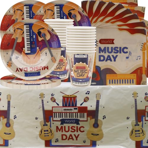 Piano Music Day Theme Party Geschirr, Cartoon Kindergeburtstag Partygeschirr, 61 Stück einschließlich Pappteller, Becher, Servietten und Tischdecken, geeignet für 20 Personen Partei