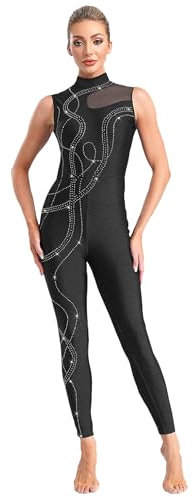 Freebily Women's Sleeveless Sheer Mesh Gymnastics Jumpsuit Mock Neck Keyhole Back Bodysuit Black XXL