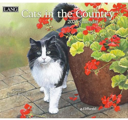 Lang Cats in the Country Wandkalender 2026, 34 x 30 cm, 12-Monatskalender mit gehefteter Bindung, leinengeprägte Kunst von Susan Bourdet, ländliche Katzenbilder