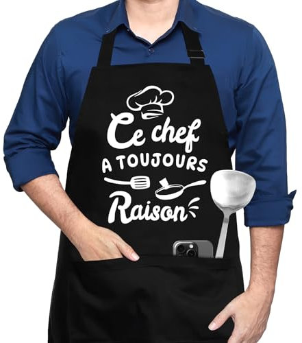 FUKPO - Delantal de cocina para hombre personalizado, ajustable para delantal profesional Humor Rigolo Drole Barbacoa BBQ negro, delantal de cocina de algodón regalo Fete des Peres Saint Papa Noel