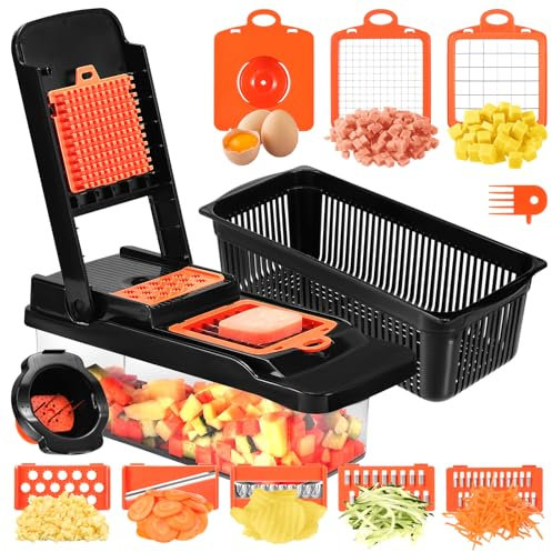 Kyrio Gemüseschneider, 14 in 1 Multifunktionaler Gemüseschneider, Gemüse Schneider, Gemüsehobel mit austauschbaren Klingen, Küchenwerkzeug für Zwiebeln,Gurkenhobel, Karotten（schwarz-orange)