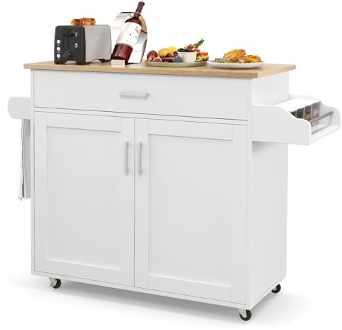 SOARS Desserte à roulettes Cuisine, Ilot Central Cuisine avec Rangement et Plan de Travail, Tiroir et Étagère Réglable, pour Micro-Ondes Porte-épices et Porte-Serviettes, 116 x 40 x 85 cm (Blanc)