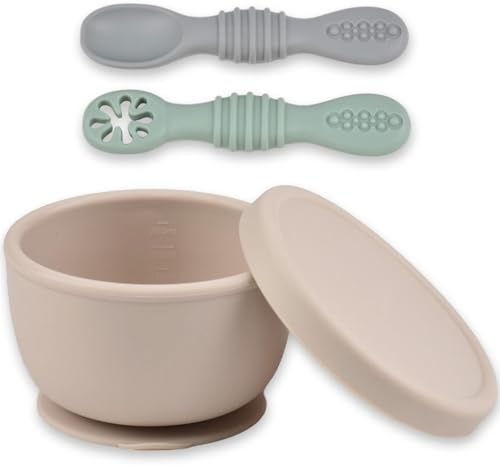 Ginbear Saug-Silikonschüssel mit Deckel 260 ml & 2 Baby-Löffeln | Ab 4 Monaten | Baby-Led-Weaning (BLW) Selbstfütter-Set, Erste Stufe | Ungiftig, Lebensmittelecht, BPA-frei (Elfenbein + Grün + Grau)