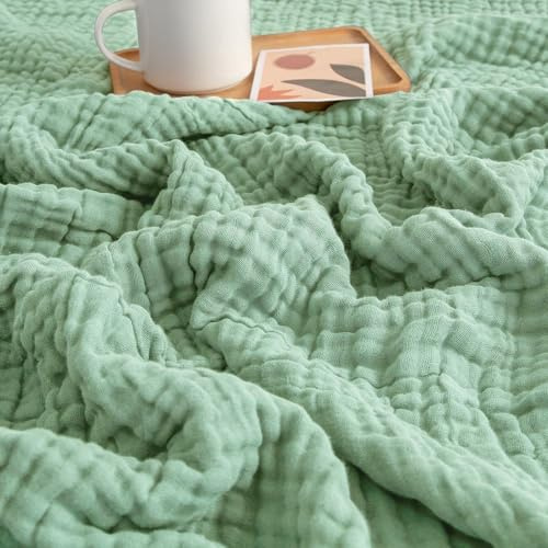 bechoanigel Musselin Decke 150x200 cm – 100% Baumwolle, 6-Lagige Weiche Sommerdecke, Atmungsaktive Dünne Kuscheldecke für Bett & Sofa, Tagesdecke Couch Überwurf (Dunkelgrün)