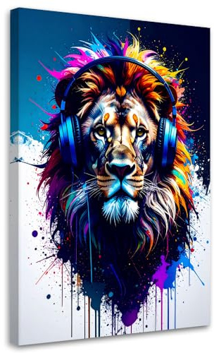 Feeby Bild auf Leinwand - Wandbilder Wohnzimmer Aesthetic - 60x90 1tlg - Schlafzimmer Wandekoration - Bilder Zimmer - Living Room - Deko Wandbilder - Moderne Bild - DJ Löwe mit Kopfhörern Musik Bunt