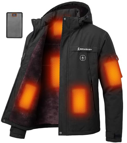 Brimekey Graphen Beheizte Jacke Herren mit Fleecefutter, Heizjacke Herren mit 20000mAh 7,4V Akku 6 Heizzonen & 3 Temperaturstufen, Wasserdichte Winddichte Winterjacke Beheizbare Jacke für Ski und Jagd