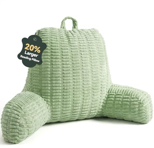 MEREZA Reading Pillow for Bed Adult, Extra Large Back Support Pillow with Arms, Soft Corduroy Cuddle Cushion for Bed Sofa Chair, TV Watching Gaming Relaxing Working Green
