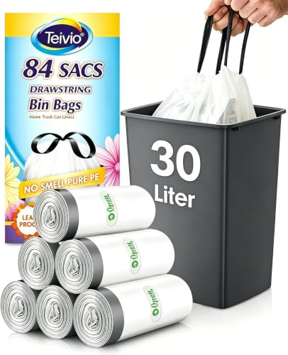 Teivio soppåsar med dragsko 30–35 l vita 84 stycken, medelstora soppåsar med dragsko för 25–35 l soptunna, avfallspåsar för hushåll kök badrum kontorssoppåsar