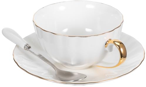 HOLIDYOYO Ensemble Tasse à Café 220 Ml en Porcelaine Fine Blanche Bord Doré, 6 Pièces Kit Tasse à Café Soucoupe, Service à Thé pour Espresso, Cappuccino et Latte, Usage Quotidien Maison