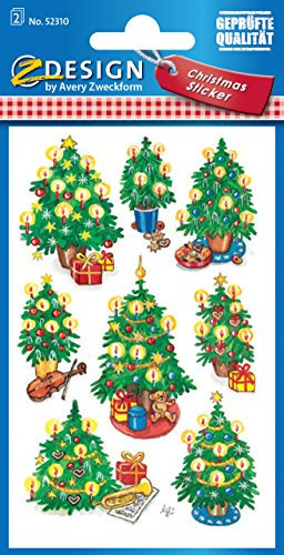 AVERY Zweckform 18 Aufkleber Weihnachten Weihnachtsbaum (Made in Germany, glitzernde Weihnachtssticker Papier, selbstklebende Weihnachtdeko für Karten, Geschenke, Tüten) 2 Bogen/je 8 Sticker, 52310