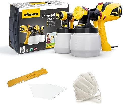 WAGNER Farbsprühsystem W 590 FLEXiO für Wand- und Latexfarben, Lacke & Lasuren im Innen- & Außenbereich, 15 m²-6 min, Behälter 1300 ml/800 ml, 630 W