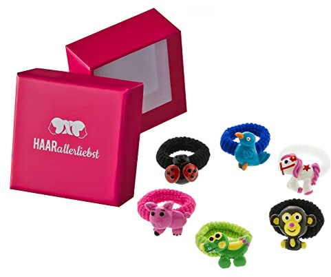 HAARallerliebst Haargummi Set Mädchen (6 teilig | Tiere | bunt) für Mädchen inkl. Schachtel zur Aufbewahrung (Schachtelfarbe: pink)