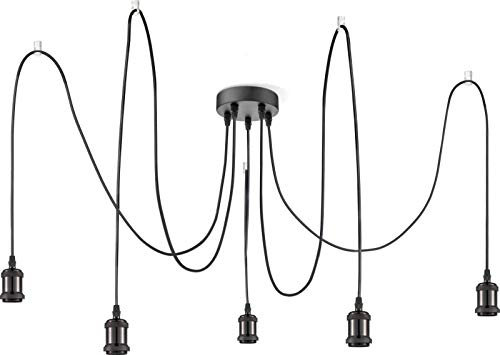 GLOBO Hängelampe mit Textilkabeln - Vintage Stahl Industrie Design Hängeleuchte Küche Esszimmerlampe (Küchenlampe 5-Flammig Pendellampe Retro Höhe 100 cm Schwarz)