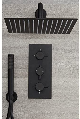 Milano Nero Thermostatic Mixer Valve 300mm Wall Mounted Square Shower Head Handset - Black