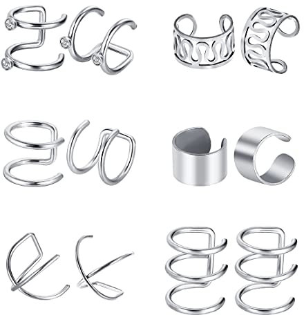 Liuxn 6 Paar Edelstahl Ohrclips Nicht Piercing Ohrringe Hoop Ohr Manschetten Knorpel Ohrclips Set für Männer Damen, 6 (Stahl Farbe)