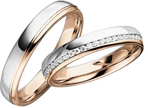 JC Trauringe Silber 925 Paarpreis Eheringe Rotgold Weißgold Plattiert 4,0 mm breit I Partnerringe mit Gravur in edler Schatulle I 2 Hochzeitsringe Herrenring ohne & Damenring mit Steinen I LC125-P-3