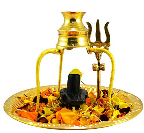Online Black Shaligram Shiva Ling Lingam Statue Hindu-Puja Messing Platte mit Kalash Ständer Dekorative Pooja Thali Shivling Marmor Stein Trishul Set Home Decor Religiöse Spirituelle Tempel