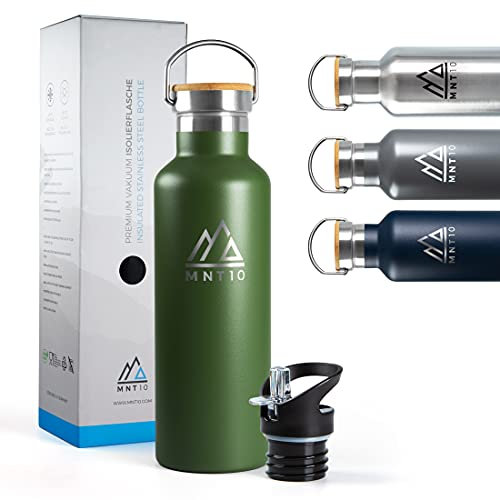 MNT10 Edelstahl Trinkflasche 750ml I Outdoor Wasserflasche 0,75l mit Isolierfunktion für Sport, Wandern, Arbeit I Doppelwandige Trinkflasche Edelstahl 750ml Bambusdeckel, Strohhalm & Schutzhülle
