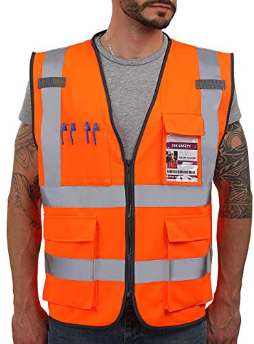 Dib Safety Weste Reflektierende ANSI Klasse 2, Warnweste mit Taschen und Reißverschluss, Bauarbeitsweste Hi Vis Orange S