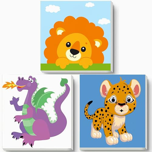 Hiolife Malen-nach-Zahlen-Set für Kinder und Anfänger, Malset für Mädchen und Jungen, DIY-Acryl-Ölgemälde auf Leinwand, 20 x 20 cm, 3er-Pack – mit Rahmen