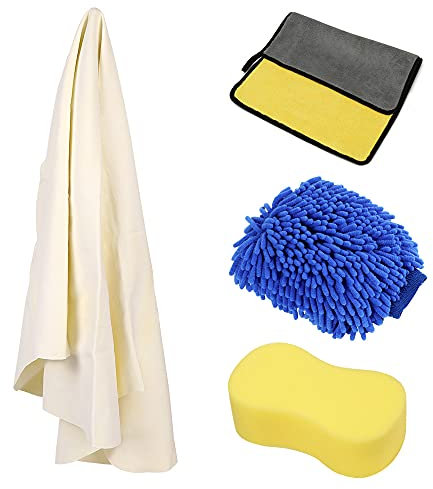 Premium Natural Drying Chamois Leather, Microfiber Car Cleaning Mitt & Cloth, 4pcs Auto Wash Tool Kit