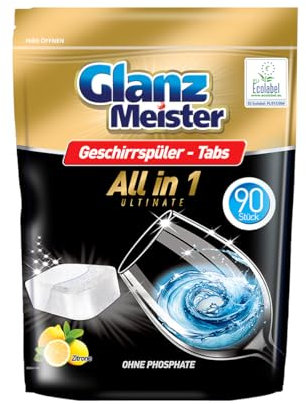 Glanz Meister Alles in 1 Spülmaschinentabs (90 Tabs) – Entfernen hartnäckige Verschmutzungen, lösen Fett effektiv, neutralisieren Gerüche, schützen Glas und Dekor vor Korrosion