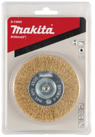 Makita D-73695 Rundbürste Ø 100 mm, gewellt, fein, vermessingt, 1/4-Sechskantaufnahme, feine Drahtbürste zum Bearbeiten von Holz und Metall