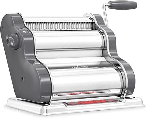 PASTALINDAClassic 200 Pasta Maker Machine, 20 cm Wide Rollers, 9 Thickness Positions, 2 Cutting Positions, Stainless Steel. Includes Reinforced Hand Crank And Two Clamps (Gray)