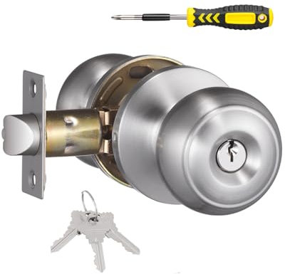 Lanwandeng Bouton de porte d'entrée à clé avec serrure, serrure de porte extérieure et intérieure en acier inoxydable, poignée de porte avant/d'entrée en nickel satiné
