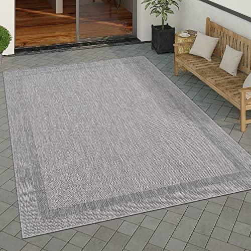 Paco Home Outdoor Teppich wetterfest & pflegeleicht Flachgewebe in Sisal-Optik mit Bordüre UV-beständig Modern für Balkon, Terrasse, Garten, Wohnzimmer, Grösse:150 cm Quadrat, Farbe:Grau 2