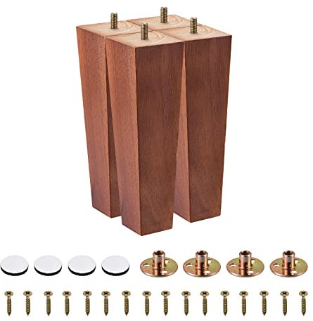 sourcing map Furniture Legs, 8 Inch(200mm) Set of 4 Square Solid Wood Couch Legs Chair Table Feet Sofa Support Replacement Parts, with Accessories, Brown