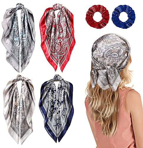 TIANNAIT 4 Stück Bandana, eleganter modischer quadratischer Schal, Polyester-Druckschal, dekoratives Bandana, Cashewmuster-Satinschal für alltägliche Accessoires mit 2 Stück Cashew-Blumen-Haargummi.