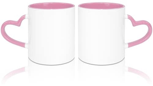 MR.R 11oz Sublimation Blank Coffee Mugs,Cup Blank White Mug Cup with Pink Color Mug Inner and Heart Handle,Set of 2
