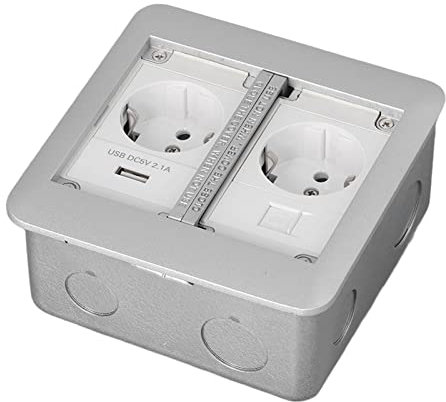 Prise de Courant Encastrée au Sol Multifonctionnelle étanche avec 2 Prises et 1 Port de Charge USB et Interface Réseau pour Bureau, Bibliothèque Domestique, Prise UE 250 V(Gris Argenté)