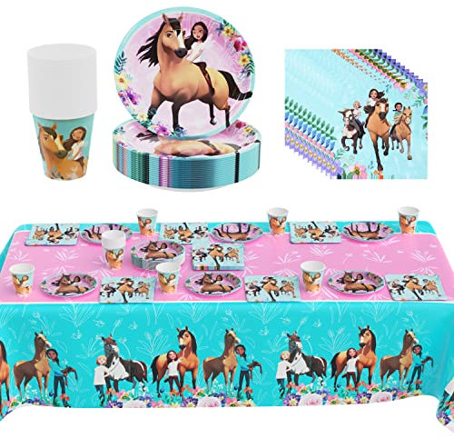 Kit de Fête d'anniversaire Horse 49 Pièces, Vaisselle Anniversaire, Nappe, Assiette, Tasse, Serviette Papier, Décoration de Fête, Fournitures de Fête d'enfants