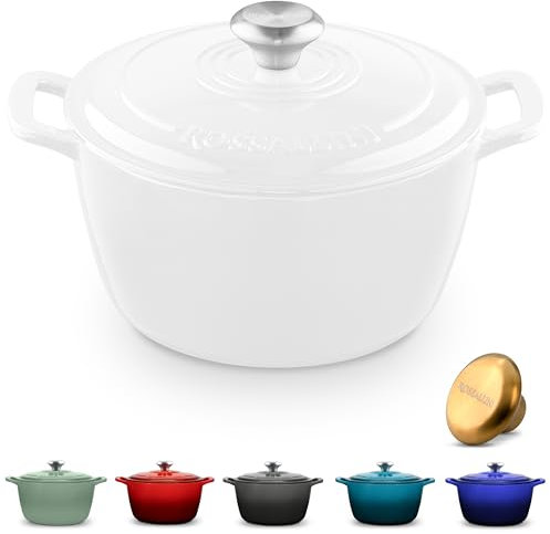ROSSALLINI Signature Enameled Cast Iron Dutch Oven, Non-Stick Serving Pot with Tight Fitting Lid for Perfect Roasting, Baking, Sauteing, and Bread Making | 5.5Q (5.2L) - White