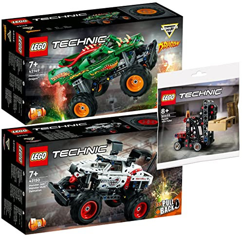 Lego Technic 42149 Monster Jam Dragon, 42150 Monster Jam Monster Mutt Dalmatian & 30655 - Carrello elevatore con pallet