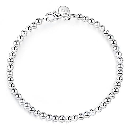 JINJIASC Bracelets for Womens Charm Lady Silver 925 Fashion 4MM Round Bead Personality Elegant Atmosphere Comfortable Simple Casual Christmas Engagement Teacher Gifts (Silver)