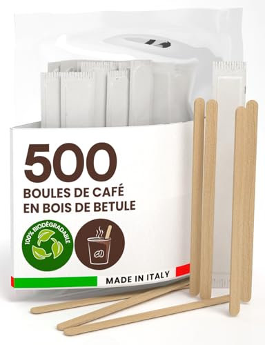 500 Palette Caffè Monouso in Legno di Betulla, Imbustate Singolarmente, Biodegradabili e Compostabili, Resistenti al Calore per Mescolare Caffè e Bevande - Made in Italy