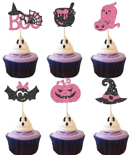Xsstarmi 24Pack Halloween Cupcake Toppers Glitter Pumpkin Ghost Boo Spider Bat Witch Hat Cupcake Picks Decorations for Halloween Theme Baby Shower Birthday Party Cake Decorations
