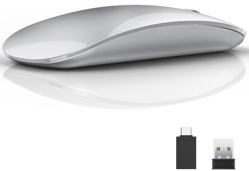 Uiosmuph U58 Mouse Senza Fili, 2.4G Ricaricabile Mouse Wireless Silenzioso Mouse Ottico Wireless Senza Fili con Ricevitore Nano USB per PC/Laptop (Argento)