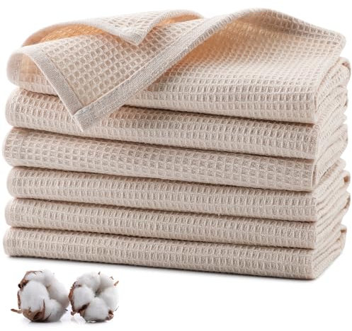 Jogoico Geschirrtücher 100% Baumwolle 6 Stück Geschirrhandtücher 35 x 35 cm Küchenhandtücher Weiche Küchentücher Saugfähig Waffeltücher Geschirrtuch Trockentücher Spüllappen Putzlappen - Beige