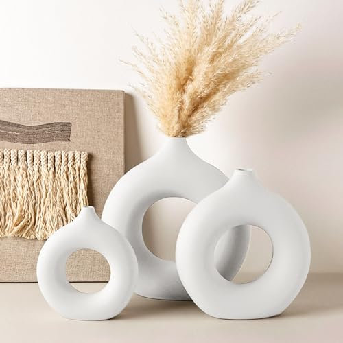 GUHAOOL Set di 3 Vasi in Ceramica a Ciambella Bianca, Decorativi per Erba di Pampa, Cavo Rotondo Nordico, Moderni Boho per Soggiorno, Casa, Tavolo, L+M+S