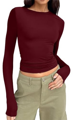 Women Y2K Crop Tops Slim Fit T Shirts Skim Dupe Crew Neck Long Sleeve Baby Tee Plain Basic Tight Blouse Ladies Teenage Girl's Athletic Party Top Streetwear