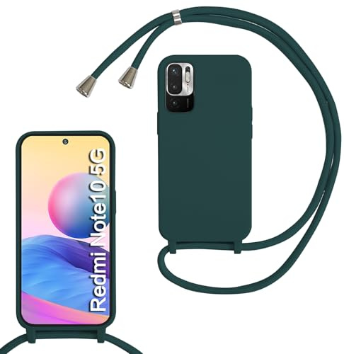 FERLAN handyband Hülle für Xiaomi Redmi Note 10 5G mit Band, HandyHülle mit Kordel, Weich Silikon TPU Stoßfest Bumper mit Kette zum Umhängen für Xiaomi Redmi Note 10 5G, Handy Lanyard - Dunkelgrün