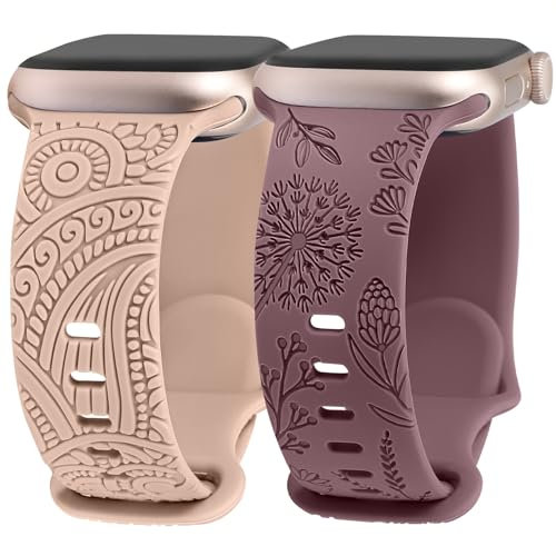 TOYOUTHS 2 Packs Floral Engraved Straps Compatible with Apple Watch Strap 41mm 40mm 38mm 42mm Women, Boho Silicone Henna Dandelion Cute Strap for iWatch Series 10/9/8/7/SE/6/5/4/3, Nude/Violet Smoke