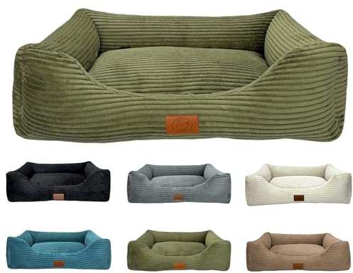elropet Hundebett orthopädisch aus Kuschel Cord XS/S/M/L/XL kleine Hunde große Hunde Hundekorb (Olivegrün, L (100x80x24cm))