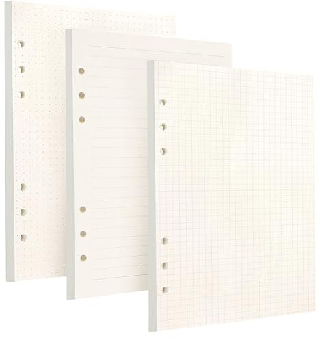 3 Packungen Nachfüllpapier A5,6 Löcher Nachfüllblätter für Papiereinlagen 180 Blatt/360 Seiten, Nachfüllpapier für A5-Ringbuch, Agende, Planer, Tagebücher (Gepunktet+Kariert+Liniert)