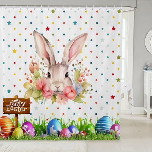 Homemissing Frohe Ostern Duschvorhang 180x180cm Niedlich Kaninchen Duschvorhang für Jungen Mädchen Kinder Ostern Eierhell Wasserdichtes Duschvorhang Textil für Stände Cartoon